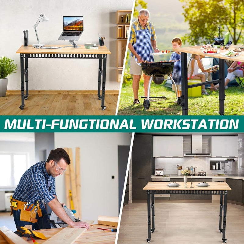 OLBRUS 48 "Adjustable Wheels Workbench, Heavy Duty 2000 LBS Load Capacity Hardwood Workbench Suitable for Workshop, Office, Garage, Home (Metal Wheels丨No Power Outlets 48"x24") - Image 5